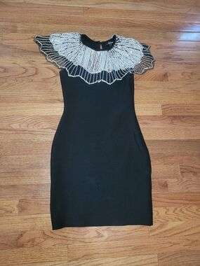 Black Mini Dress with White Beaded Collar